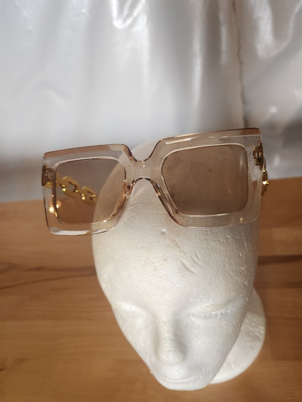 Transparent Champagne Square Sunglasses Gold Tone Chain Temples Y2K Retro Glam